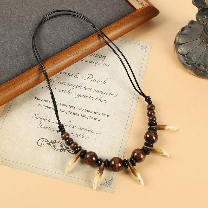 

Ethnic Style Wood Bead Wolf Tooth Pendant Necklace Men s and Women s Retro Personality Hip Hop Rock Punk Jewelry Accessories