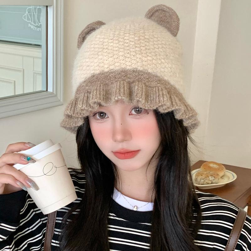 Japanese Sweet and Cute Bear Ear Pullover Hat Autumn and Winter Hat Women's Big Head Knitted Hat Lace Woolen Hat
