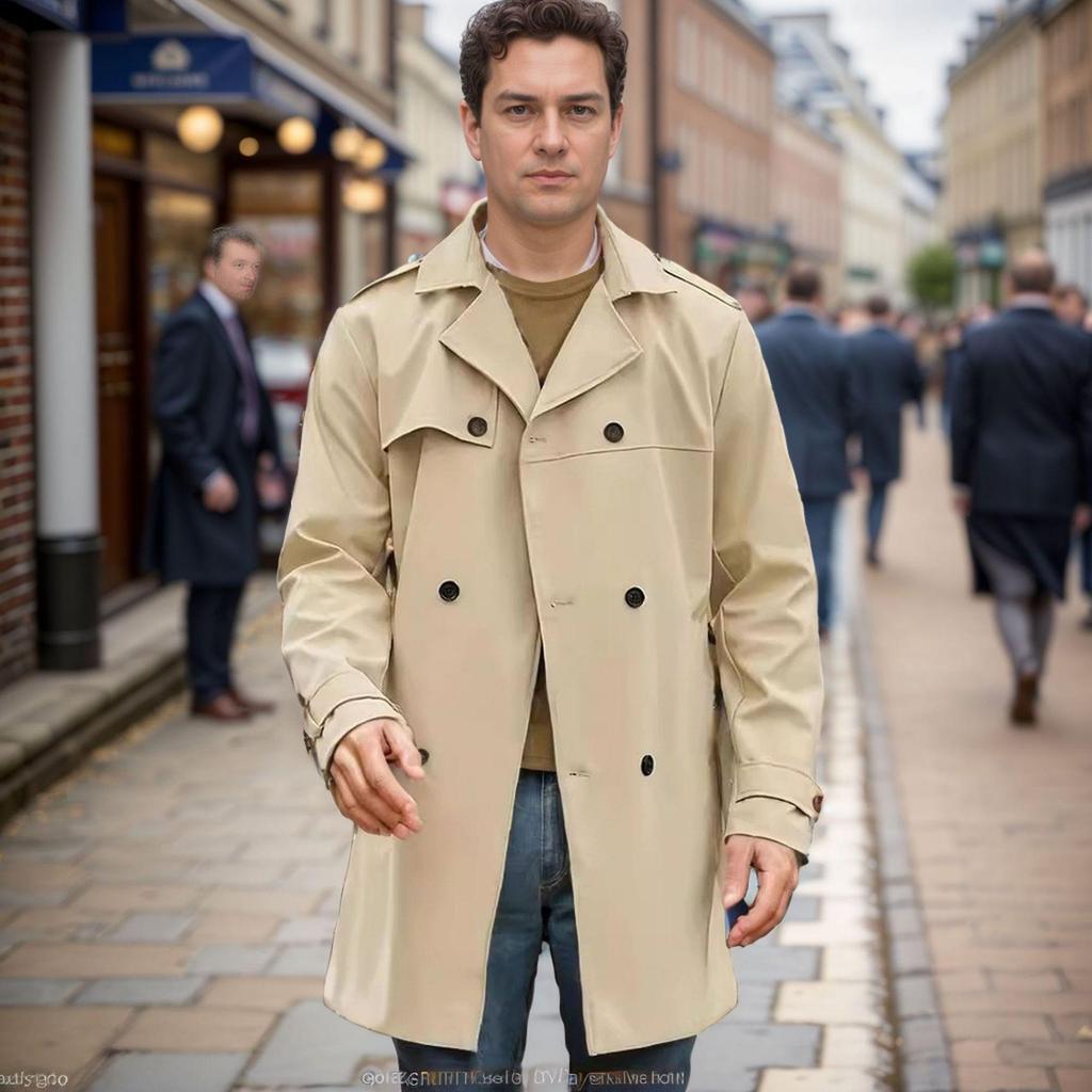 2023 Autumn/Winter Men's Slim Fit Double-Breasted Long-Sleeve Trench Coat In European & American Style
