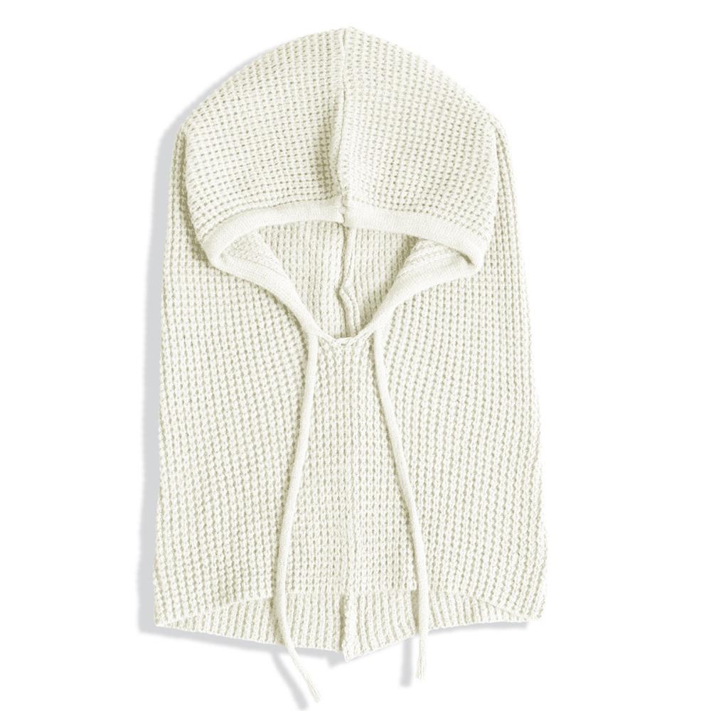 Drawstring Closure Neck Warmer Hat Thick Knit Winter Pullover Hat  For Women Man