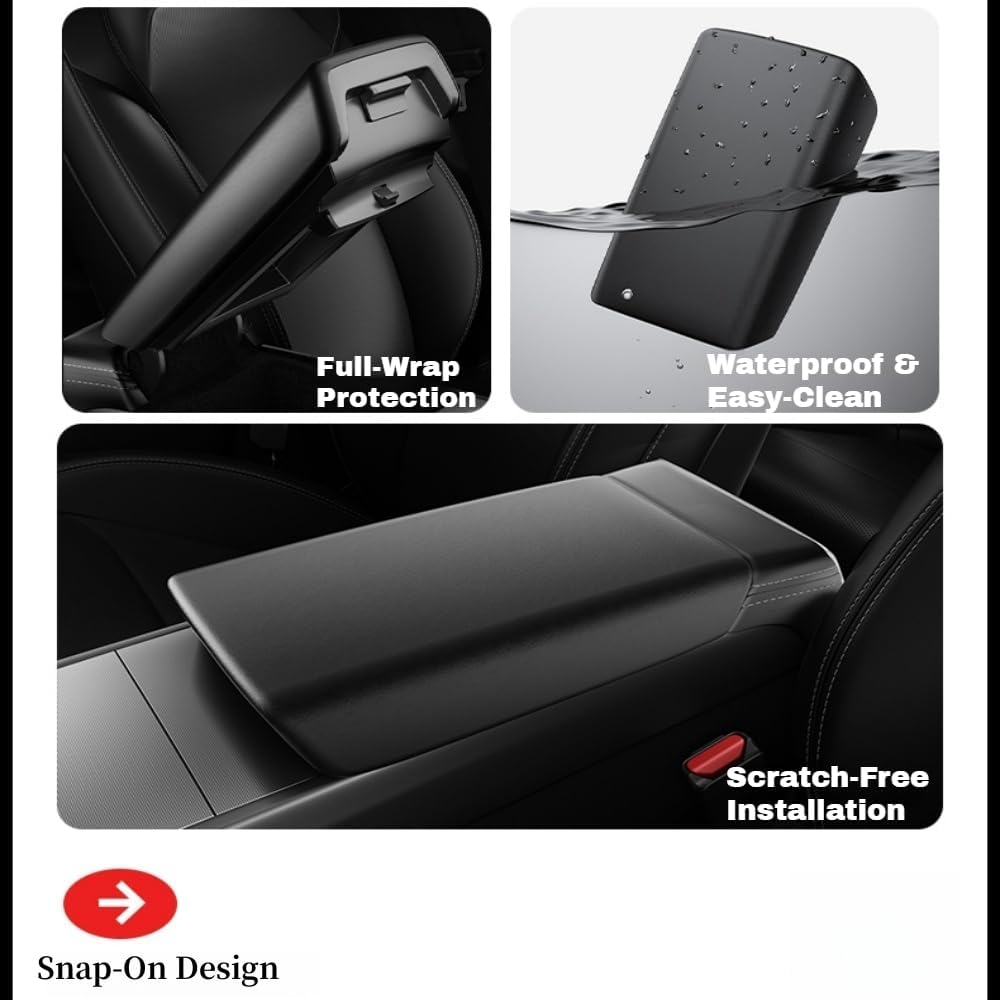 Center Console Armrest Cover Black Compatible With Tesla Model 3 Highland/Model Y Juniper,Scratch-Proof TPE, Snap-On Design, Waterproof & Easy-Clean,