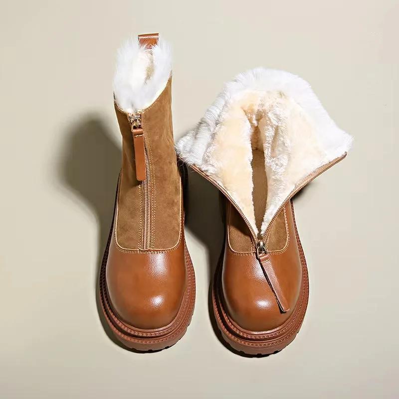Warm Plush Boots Women Winter Shoes Chelsea Suede Platform Casual Women Ankle Boots Round Toe Fur Goth Feminina Brown