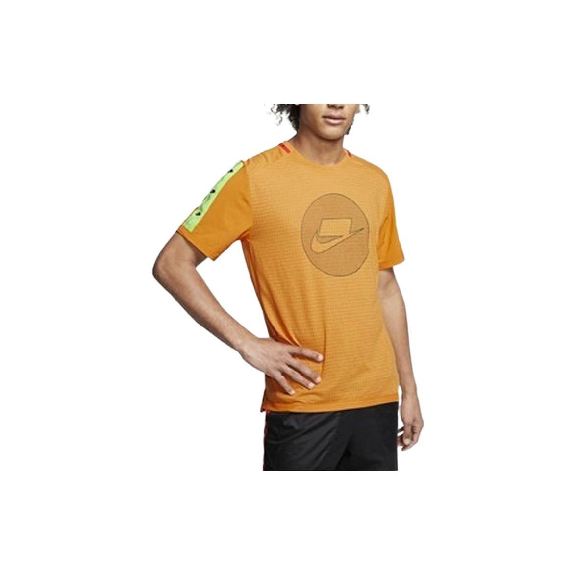 Men s Nike Chest Logo Mesh Stripe Round Neck Short Sleeve Orange T-Shirt BV5599-886 M