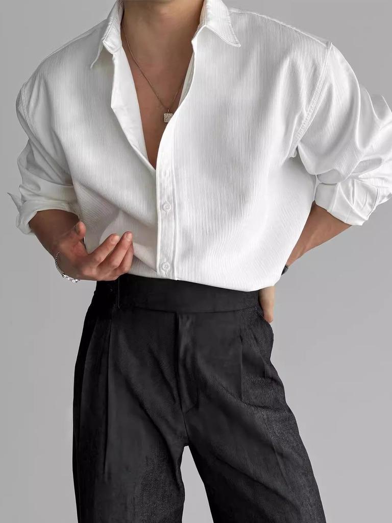 Men's Black Vertical Stripe Long Sleeve Shirt - High-End Casual Business Style, Iron-Free, Button-Down.