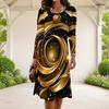 Women Plus Size Long Sleeve Round Neck Black Green Gold Printed A Line Dress