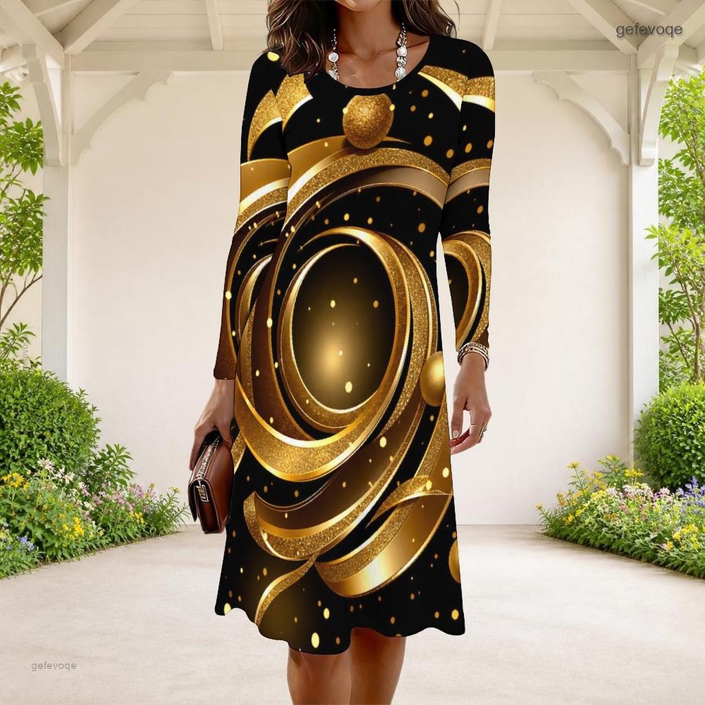 Women Plus Size Long Sleeve Round Neck Black Green Gold Printed A Line Dress
