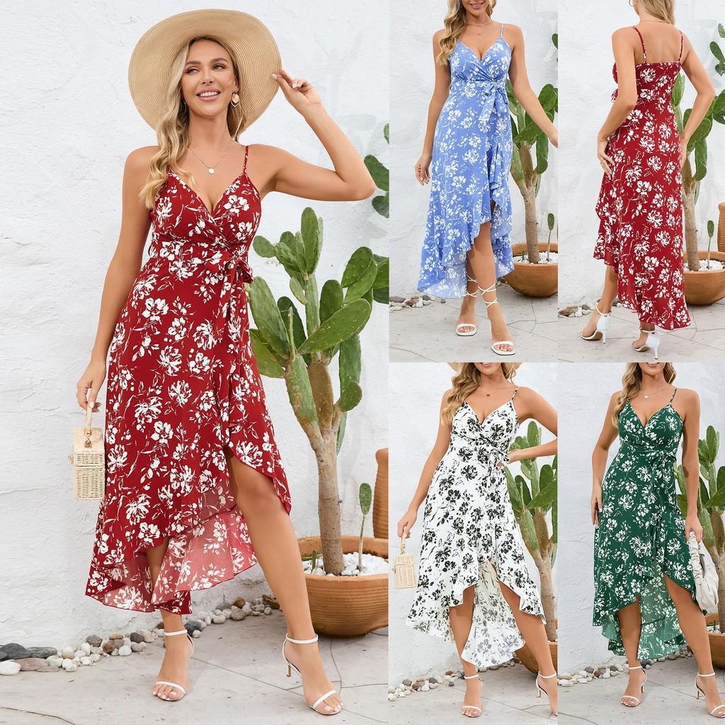

Women Fashion Casual Elegant Party Suspender Strap Flowers Floral Print Ruffle Split Sleeveless Midi Long Dress