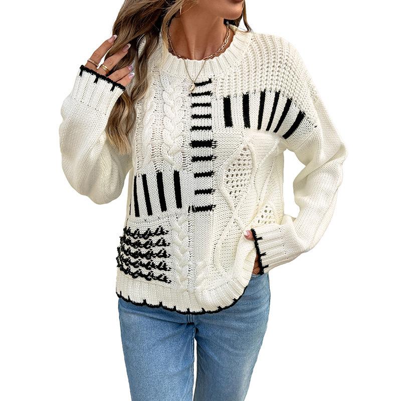 A New Autumn and Winter Trendy and Fashionable Knitted Sweater with A Round Neck Striped Lines and Contrasting Colors for Women