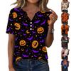 Women's Casual Halloween Print V Neck Button Front Three Quarter Sleeve T Shirt Top Lightweight Soft Fabric Comfortable Fit