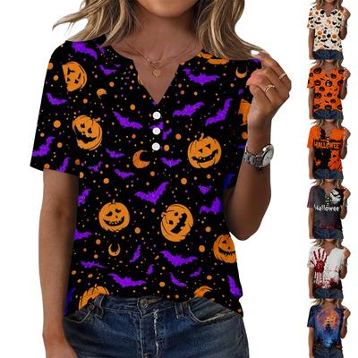 Women's Casual Halloween Print V Neck Button Front Three Quarter Sleeve T Shirt Top Lightweight Soft Fabric Comfortable Fit