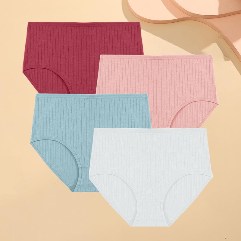 FINETOO 4KS/SET Bavlněné pruhované dámské spodní prádlo Sexy kalhotky s vysokým pasem Jednobarevné měkké slipy Dámské prodyšné strečové spodní prádlo
