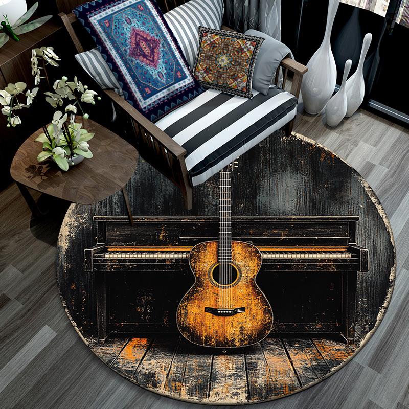 Guitar and Piano Round Area Rug,Carpet Rug for Living Room Bedroom Sofa Playroom Decor,Non-slip Floor Mat