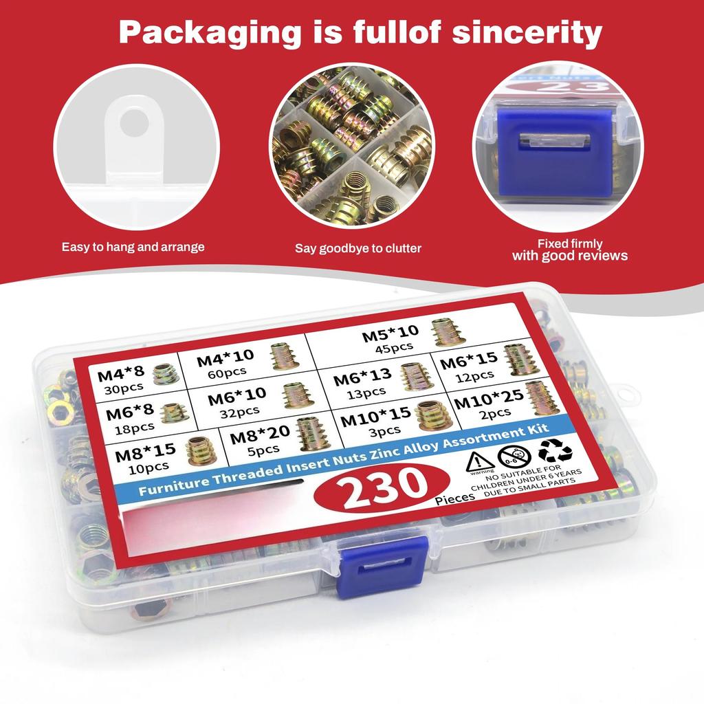 130/230pcs Threaded Inserts Nuts, Threaded Wood Inserts Nuts Assortment Tool Kit, 11 Sizes Metric M4/M5/M6/M8/M10 Hex Socket Dri