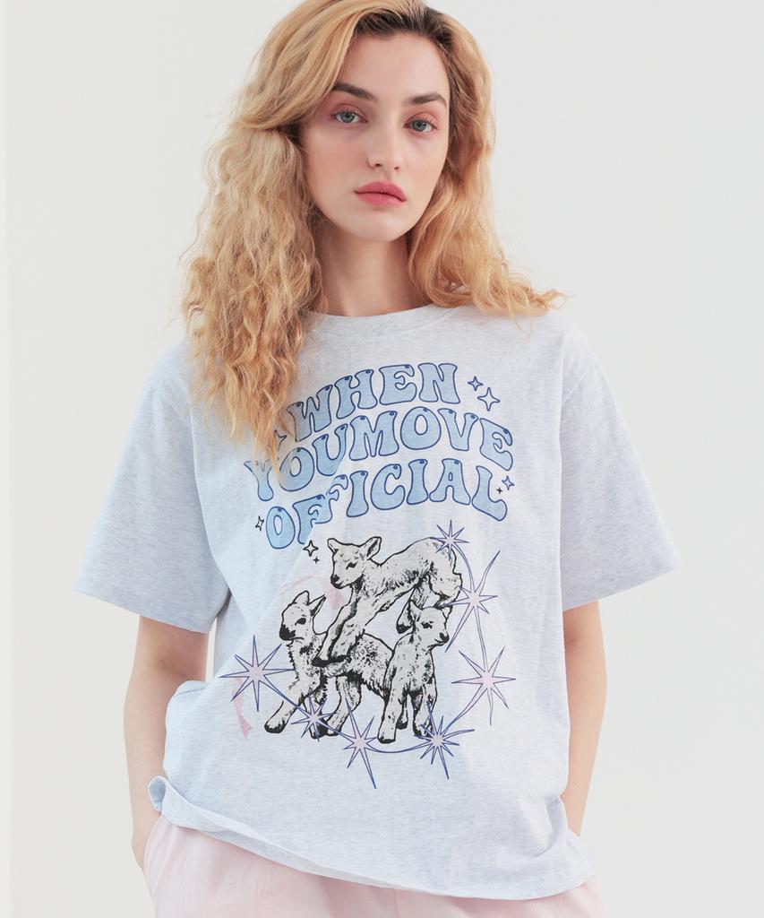 WHEN YOU MOVE Animal Graphic Short Sleeve T-Shirt L/Grey (Lamb)