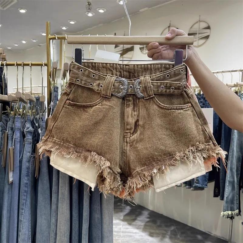 Women s Vintage Brown Distressed Hem High Waist Denim Shorts with Belt S коричневый