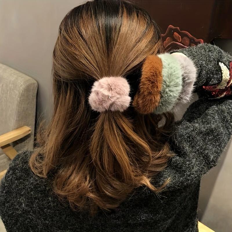 Faux Fur Hair Scrunchies Fur Hair Ties Fuzzy Fur Hair Band Rope Wristband Hair Ring Ponytail Holder Hair Accessories For Women daily uses Multi colore