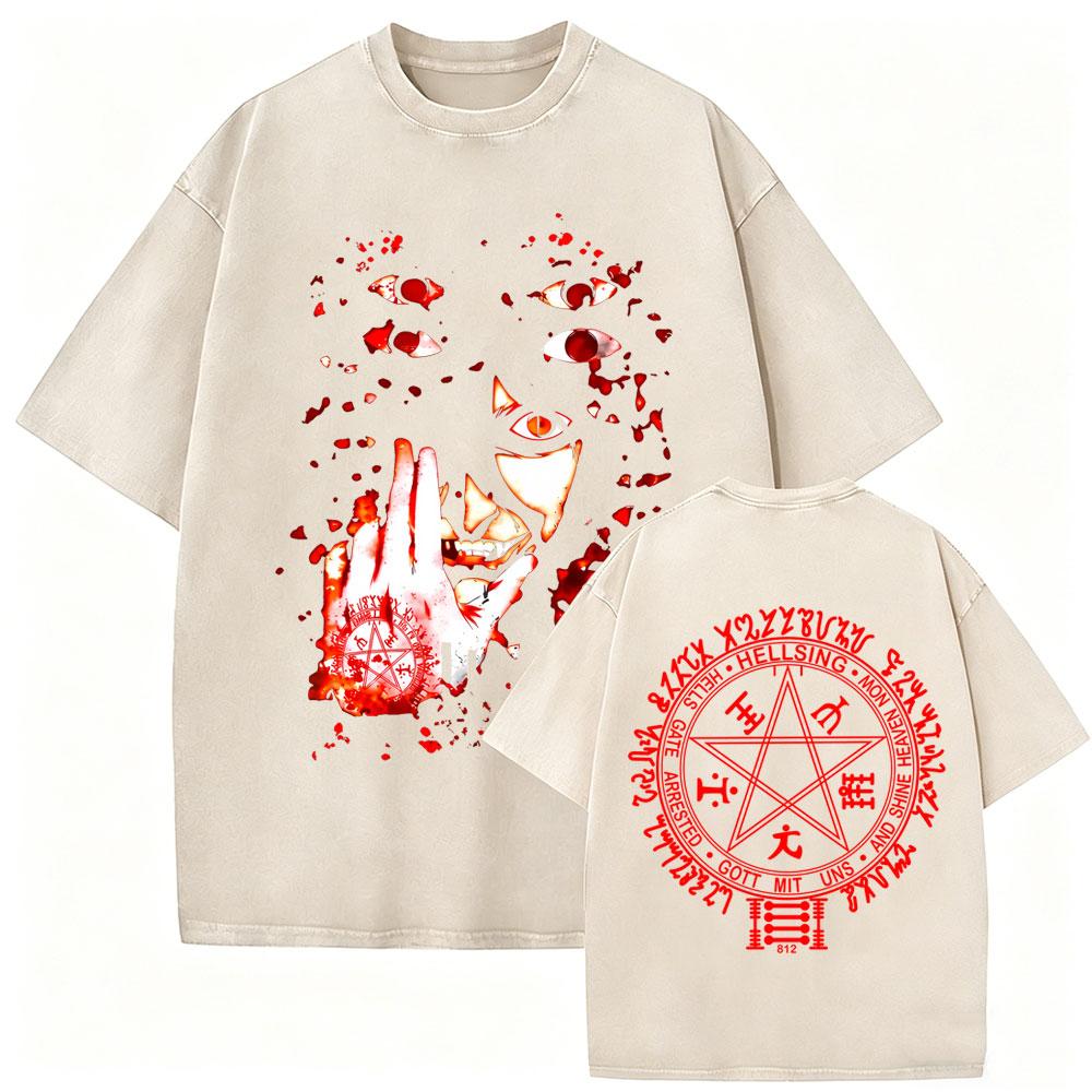 Washed Vintage Anime Hellsing Yumie Takagi Graphic Tshirt Vampire Alucard Merch Tshirts Mens Gothic Manga Oversized T Shirts