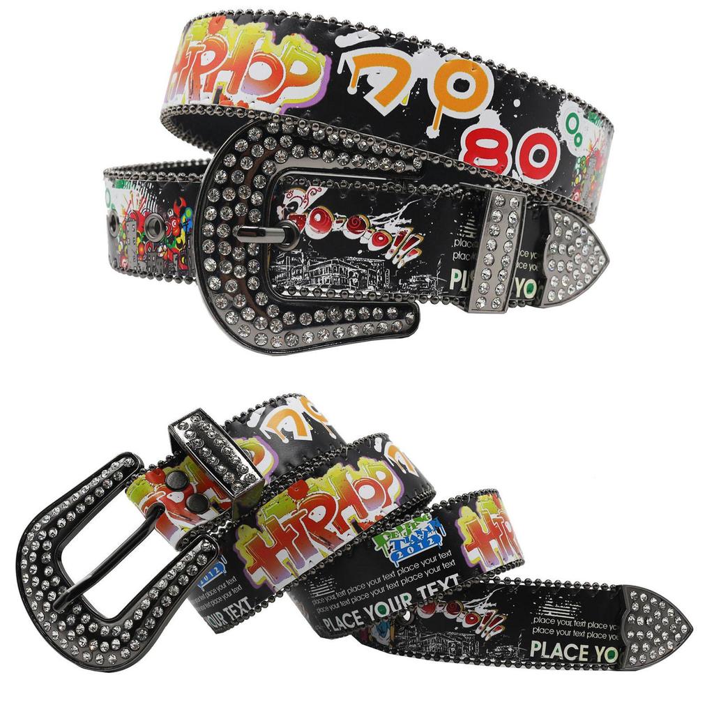 Bohemian Graffiti Rhinestone Leather Belt - Casual & Versatile European-American Style