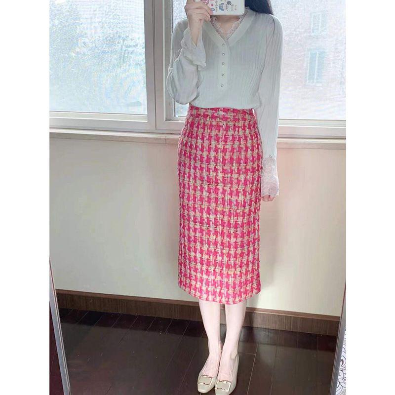 Women's High-Waisted Tweed Plaid Houndstooth Skirt - Spring/Autumn