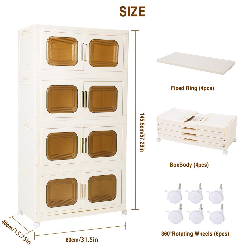 4 Pack Foldable Storage Box with Wheels and Magnetic Doors Stackable Storage Container Plastic Storage Bins for Home and Office