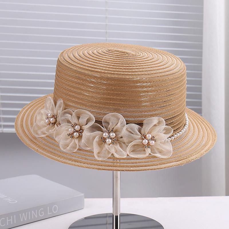 2026 New Fashion Mesh Veil Straw Hat with Pearl & Flower, Elegant Versatile Sun Cap for Women, Outdoor Travel Walk Street Snap