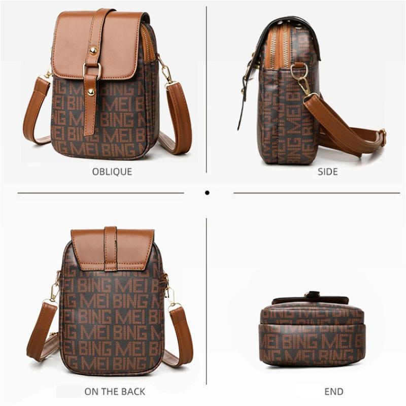 Women’s Crossbody Phone Bag, PU Leather Small Shoulder Purse with Flap & Zipper, Vintage Letter Print Mini Bag