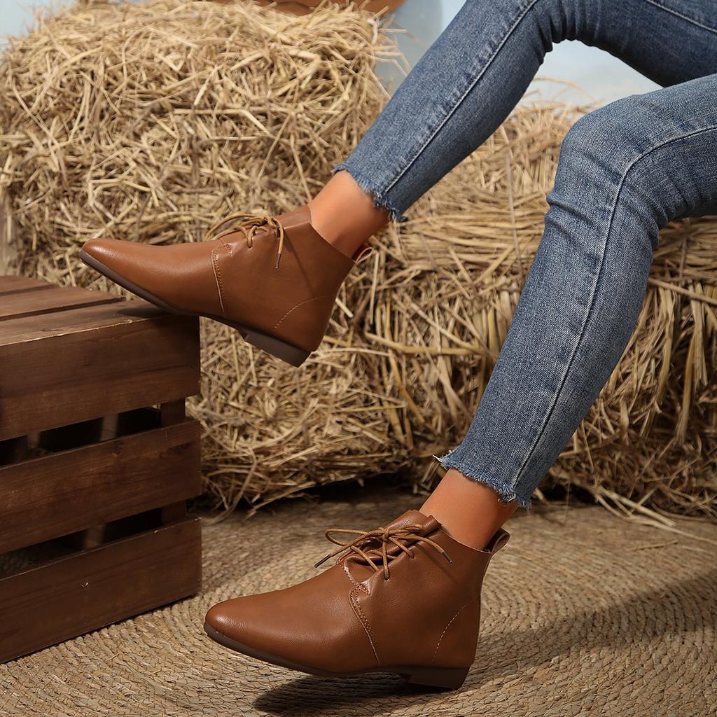 Fashion New Women's Ankle Boots Lace Up Leather Shoes Pointed Toe Flats Soft Sneakers for Female Motorcyle Boots Black Booties