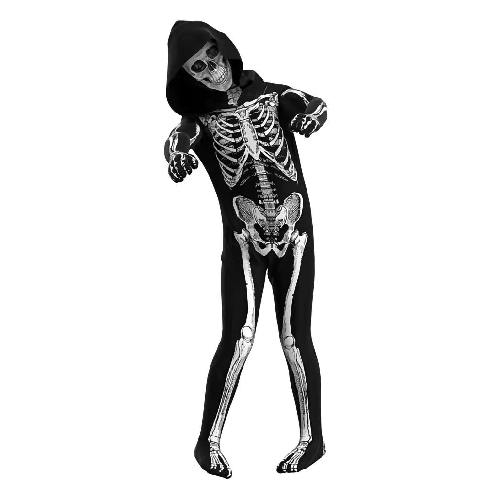 Scary Halloween Horror Kids Hooded Costume Scary Skeleton Grim Reaper Costume Boys Spooky Costume Mardi Gras Party Costume