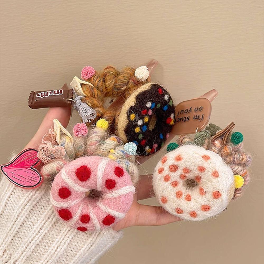 Wool Felt Telephone Line Hair Rope Straight Cookies Ponytail Holder Plush Donut Hair Ring  Daily