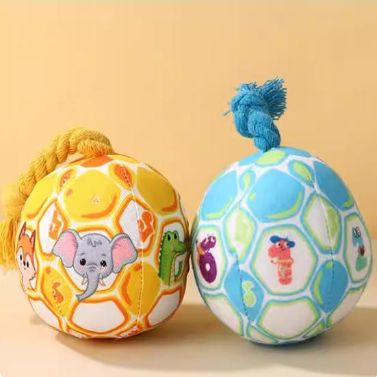 Plush Ball Dog Chew Toy Boredom Stress Relief Bite Resistant Squeaky Cartoon Ball Toy with Cotton Rope Pet Teething Cleaning Toy