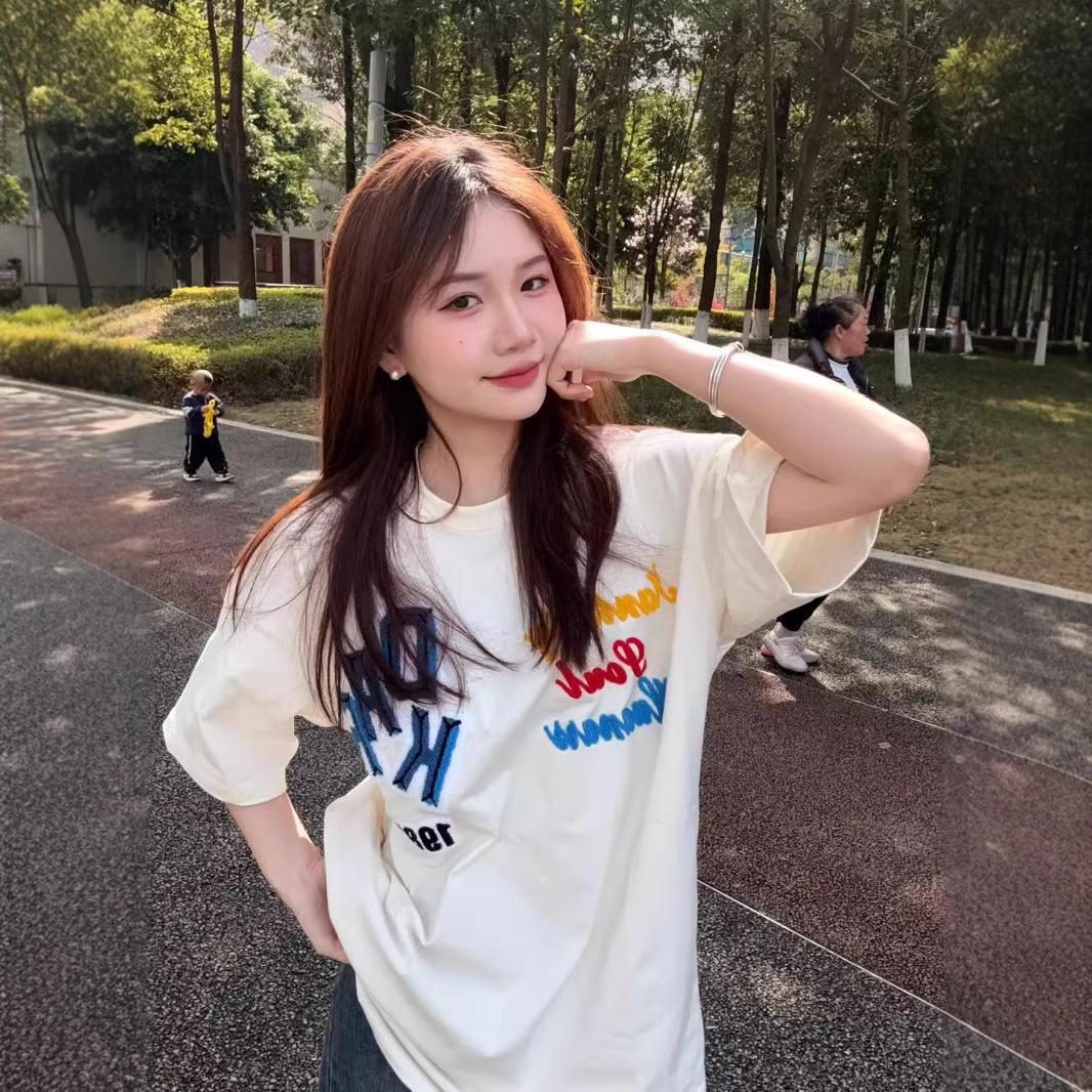 

Women s Embroidered Crew Neck Cotton T-shirt - Summer 2025 Casual Loose Fit XL