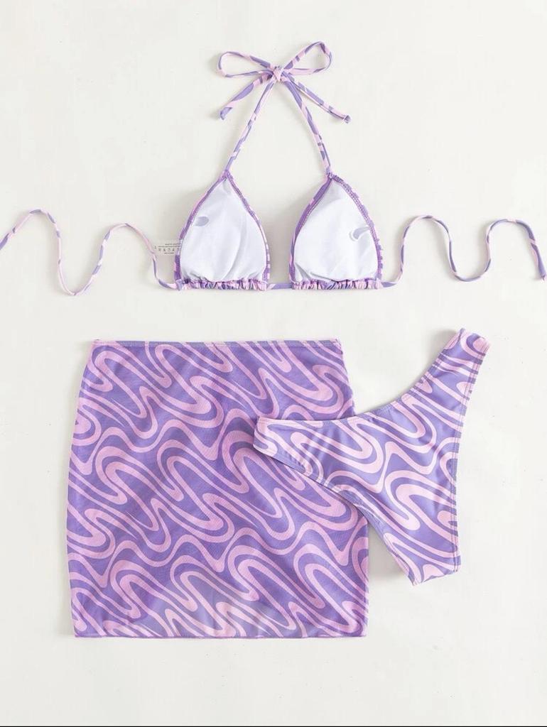 2024 European & American Full Print Halter Triangle Bikini Swimsuit with Beach Dress