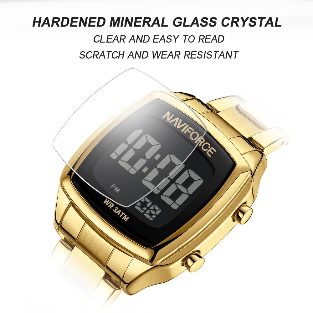NAVIFORCE Women Digital Waterproof Watch Casual Sport Multifunction Stopwatch Gold Square Luminous Date Dial Stainless Steel Strap NF5047