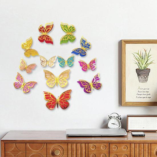 12 Pcs 2 Layer Wings 3D Butterfly Wall Decals Removable Glitter Hollow Butterfly Wall Sticker DIY Room Mural Art