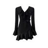 Spring and autumn new small black dress ruffle leaf edge v-neck horn sleeve Spice girl dress pure desire temperament slim hip wrap short