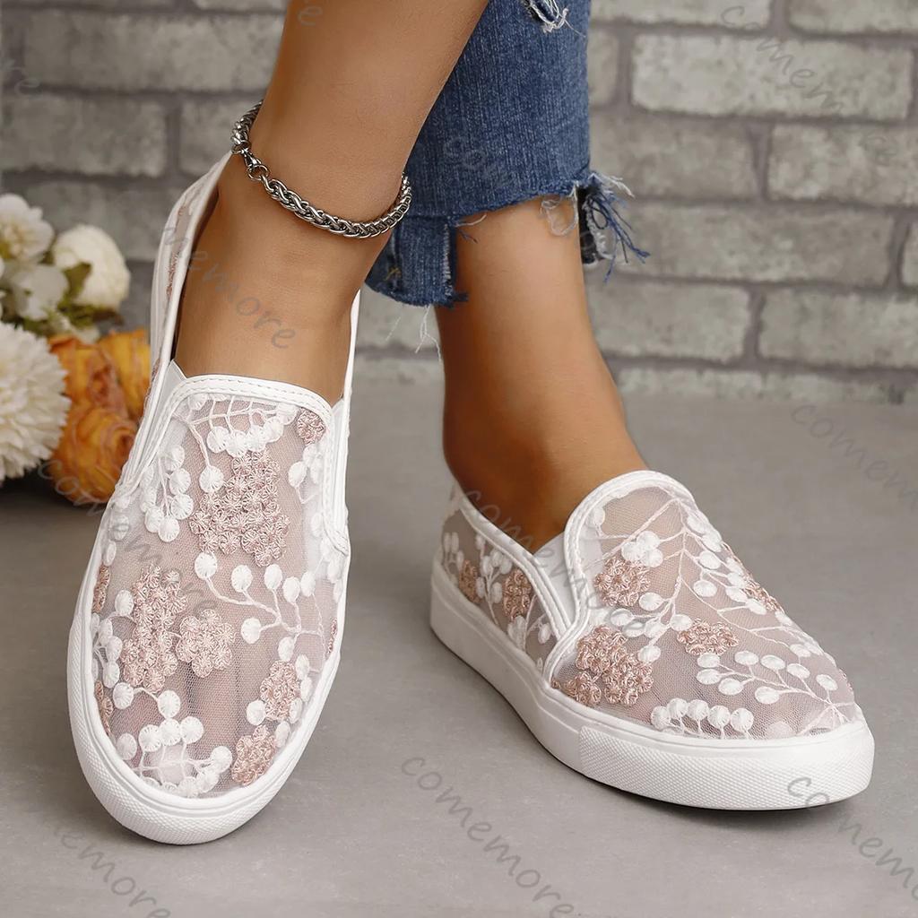 Comemore Summer New Mesh Embroidered Flat Shoes for Women Soft Sole Breathable Casual Loafers Woman Zapatos De Mujer