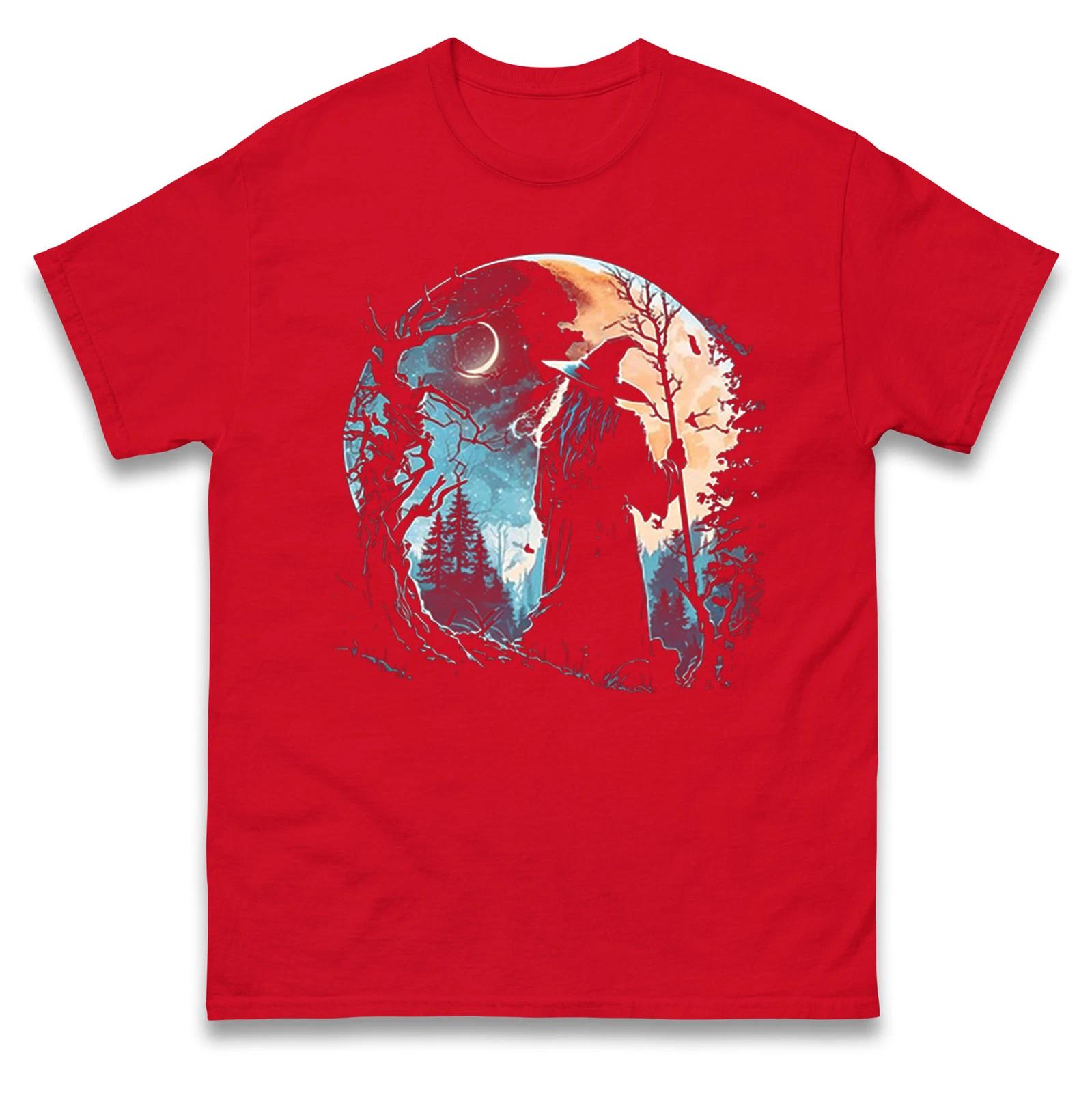 A Wizard Looking at a Fantasy Moon Warlock T Shirt,Fun Festive Gift Top XL