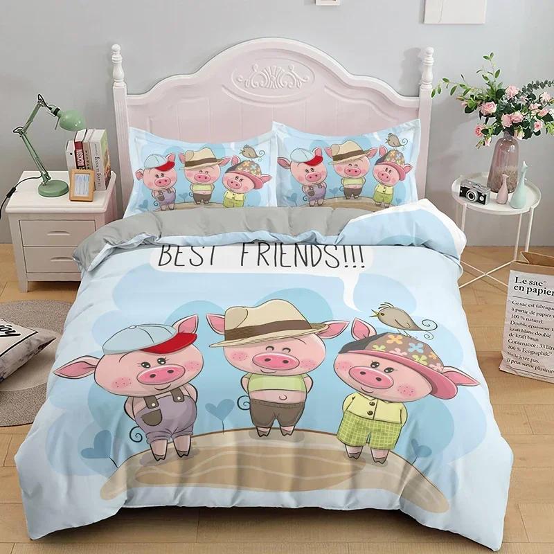Cartoon Lovely Pig Comfortable Duvet Quilt Cover Pillowcase Bedding Set Children Bedroom Decoration Home Textile