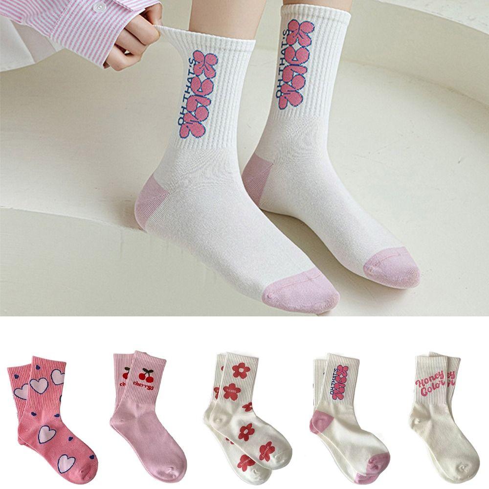 

5Pairs Stripe Flower Cotton Socks Letter Cherry Socks Women Kawaii Mid Tube Socks Students 5pairs