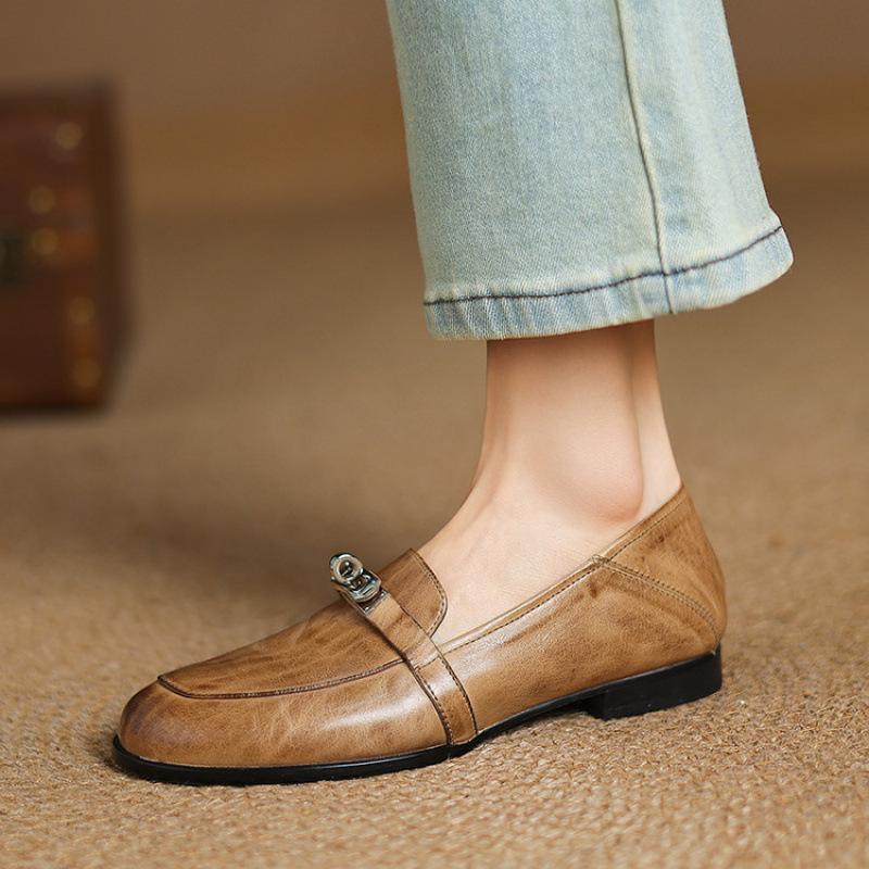 New Comfortable Casual Lazy Shoes Leather Shallow Mouth Low-top Single Shoes Women's Round Head Beef Tendon Soft Sole Shallow Mouth Large Size Wo