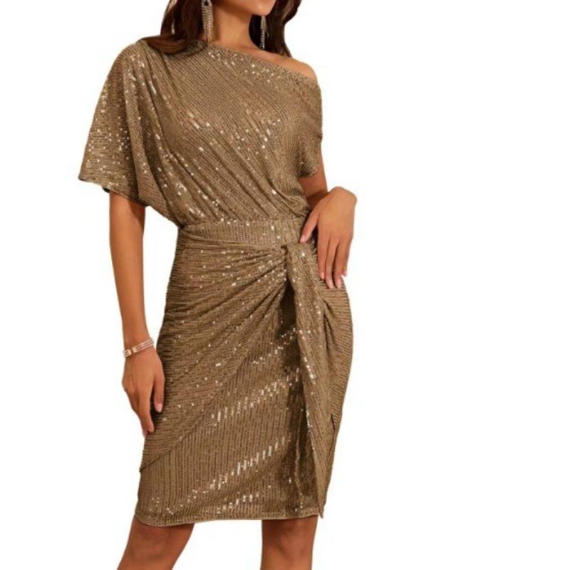 Ladies Trimmed Shiny Party Club Shoulder Folds Toast Dress Fashion Dress