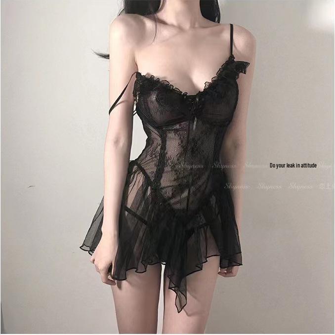 Golden Night Lingerie: Sheer Mesh Strapless Nightgown Lace Set