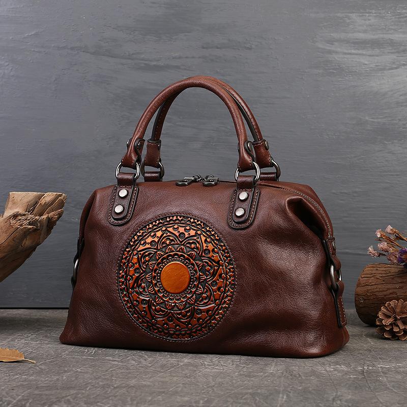 Yjsty Women's Dark Grey Handmade Retro Totem Handbag Genuine Leather Versatile Casual Tote Real Soft Cowhide Shoulder Bags