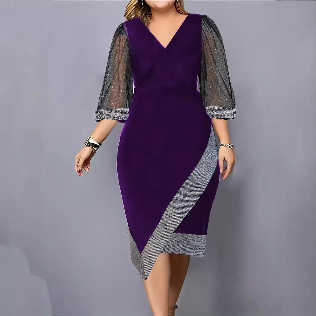 European and American new temperament commuter slim mesh splicing short-sleeved V-neck dress