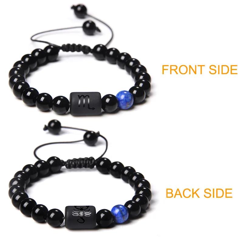 12 Constellation Zodiac Signs Bracelet Black Onyx Beads Cancer Leo Onyx Braided Bracelet for Women Men Couples Jewelry Gift