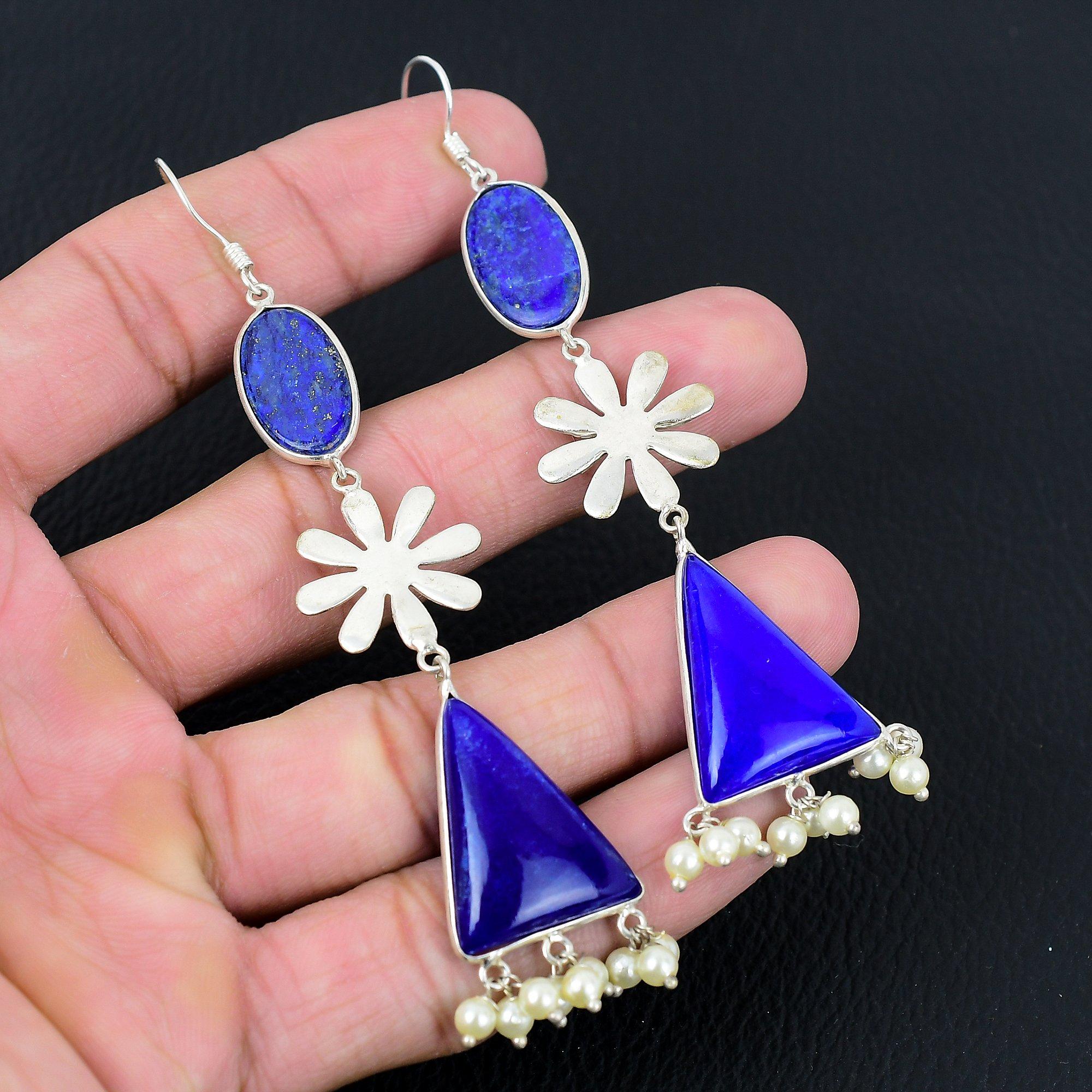 

Natural Lapis Lazuli Gemstone Drop/Dangle Earrings 925 Sterling Silver For Girls