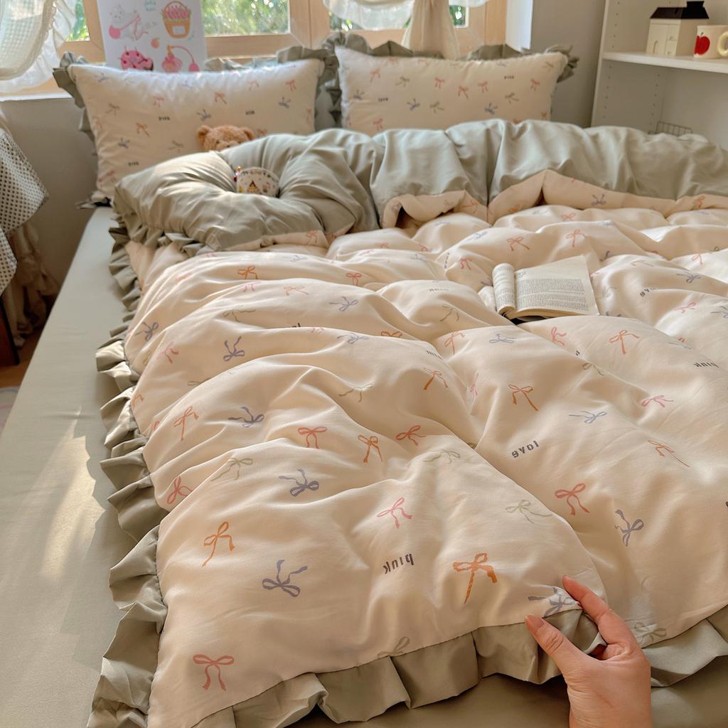 Čtyřdílná sada lůžkovin z dvojité příze, šetrná k pokožce, prodyšná a pohodlná, prané prostěradlo, povlaky na přikrývky, povlaky na polštáře, sady
