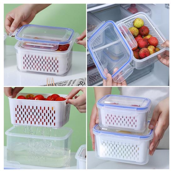 4-In-1 Fruit Vegetable Storage Container with Removable Filter Leak-Proof Airtight PP Storage Box for Washing Draining Stackable Food Organizer