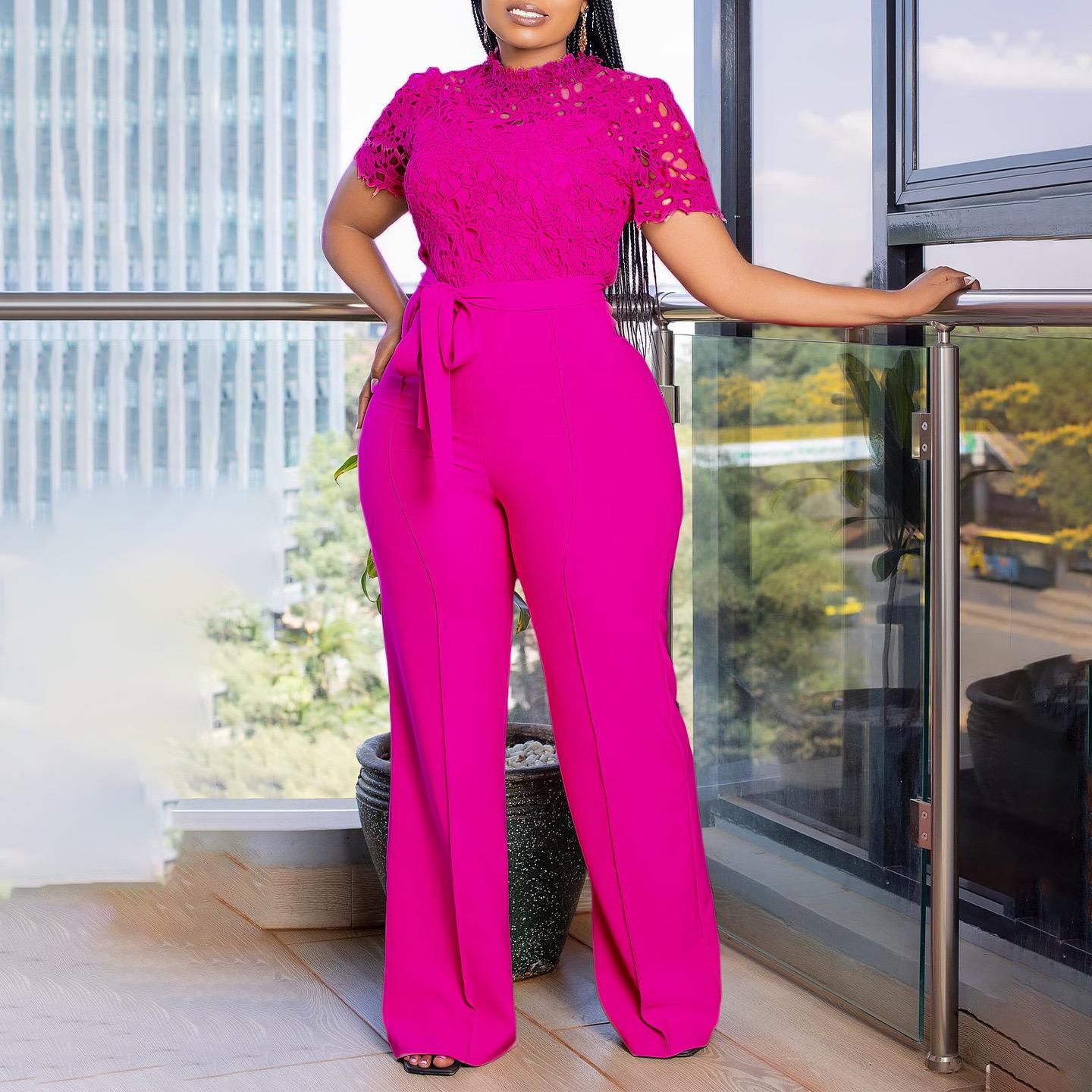 

Women Jumpsuits & Rompers O Neck Lace Patchwork Short Sleeve High Waist Outfit Plus Size Xxxl Women Pants 2026 New XXXL