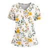 Women's Loose Short Sleeved Fashionable Flowers And Plants Printing V-neck Buttonable Side Slit Top T-shirt